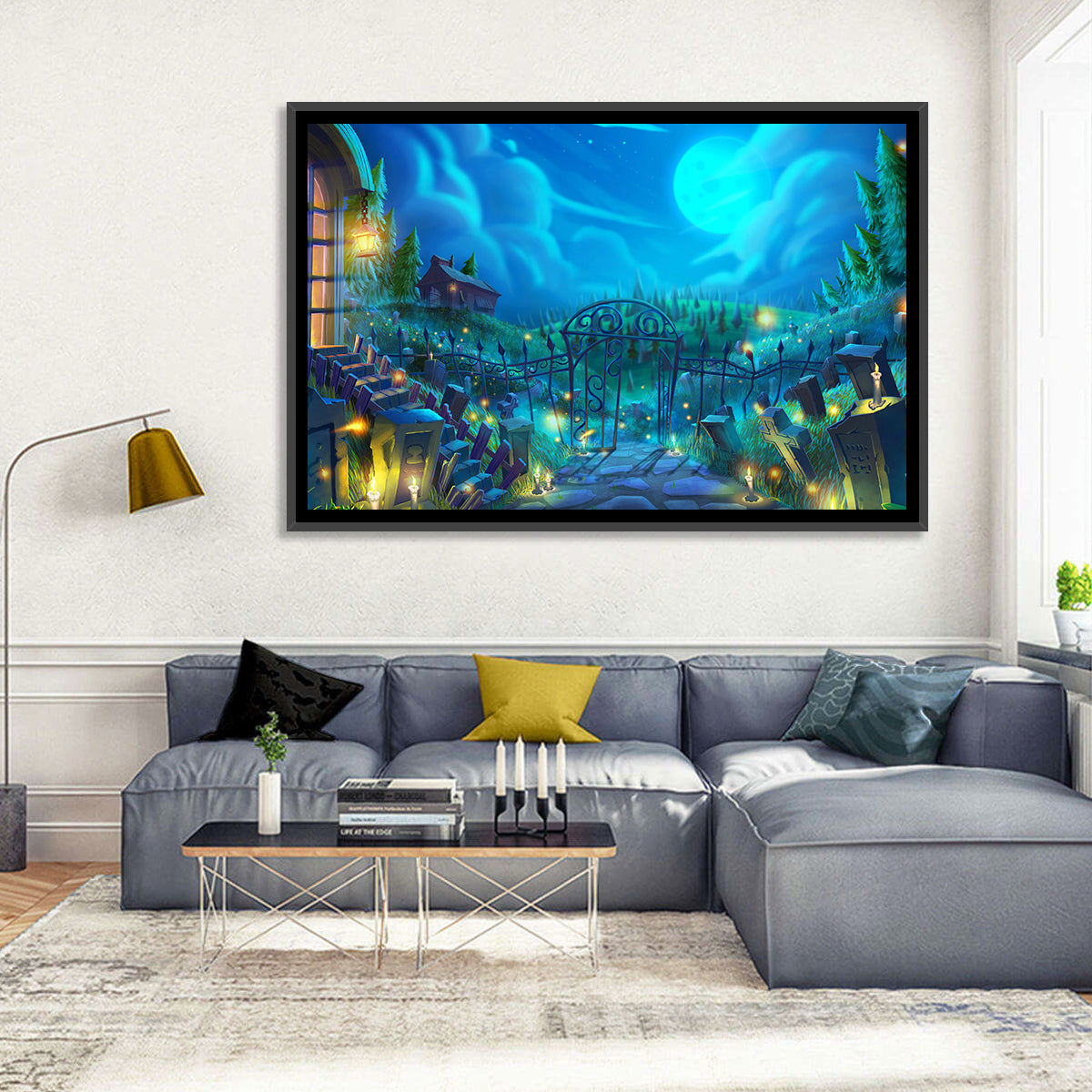 Halloween Cemetery Gate Illustration Wall Art in a room, landscape