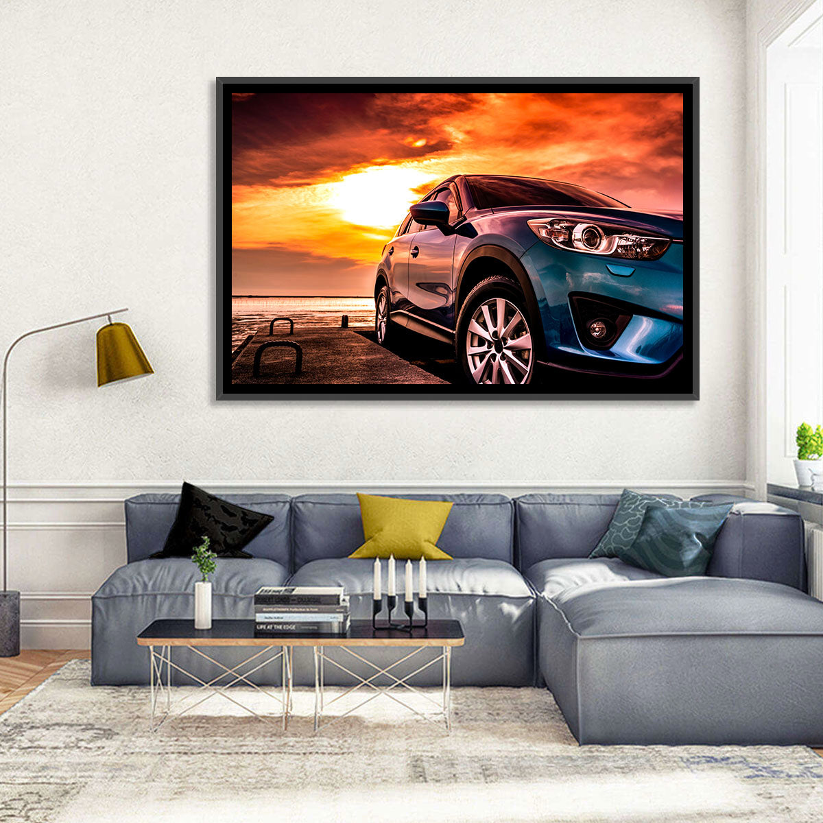 Suv on Pier at Sunset Wall Art in a room, landscape
