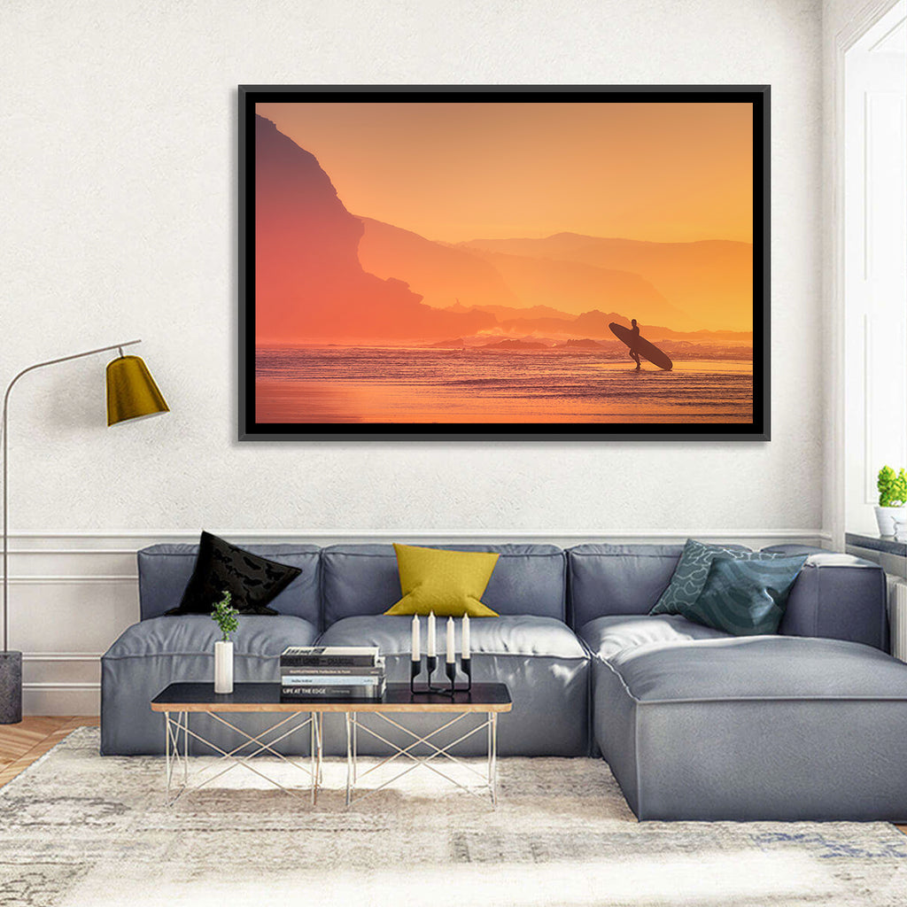 Surfer Silhouette at Golden Sunset Wall Art
