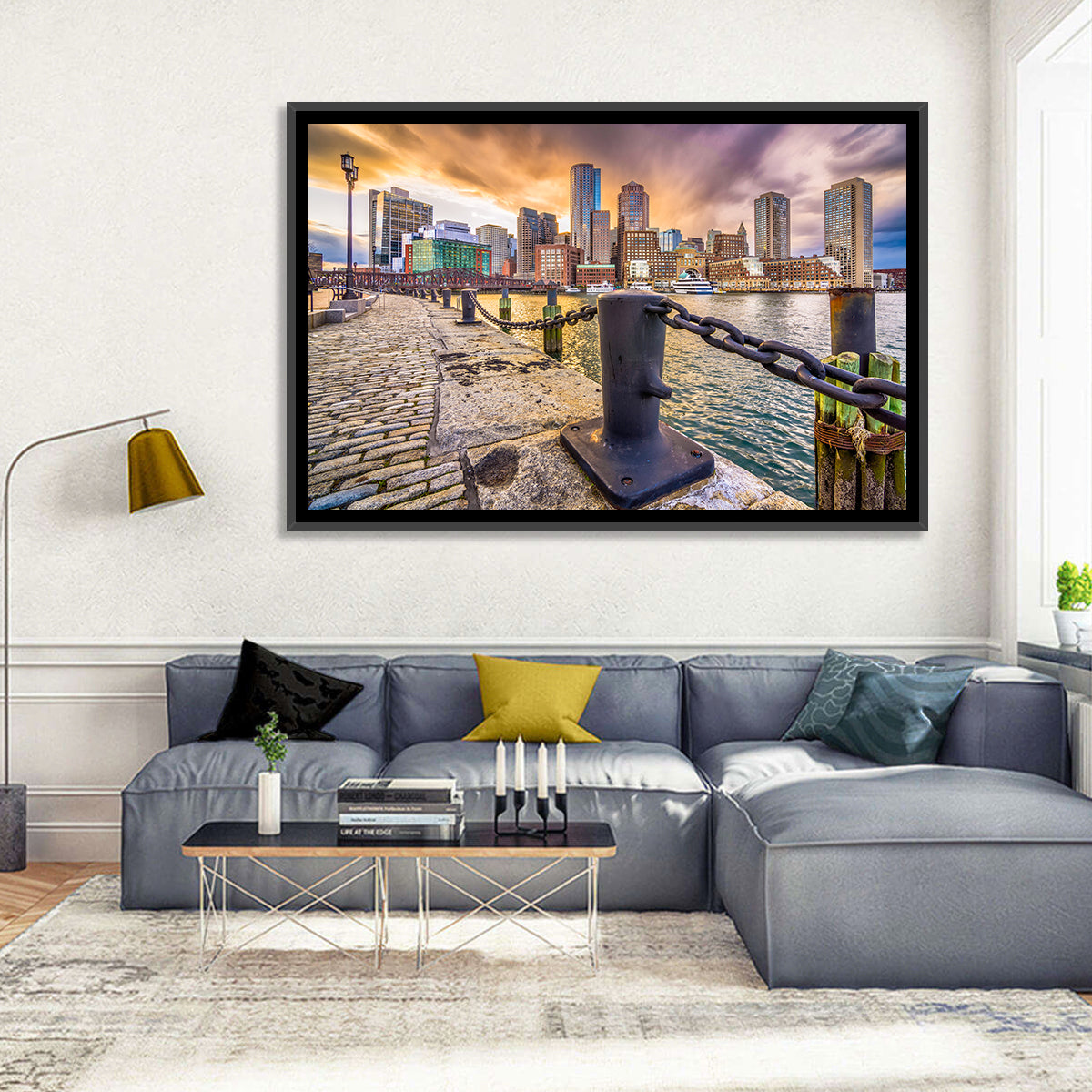 Boston Harbor at Dusk Wall Art in a room, landscape