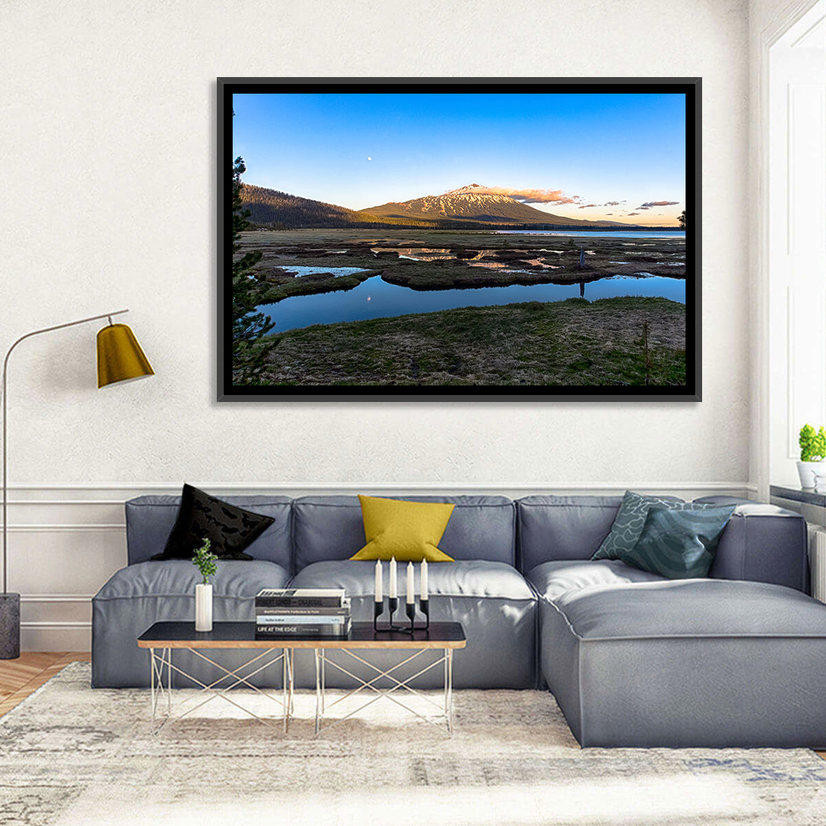 Mount Bachelor Moonlit Sunset Wall Art in a room, landscape