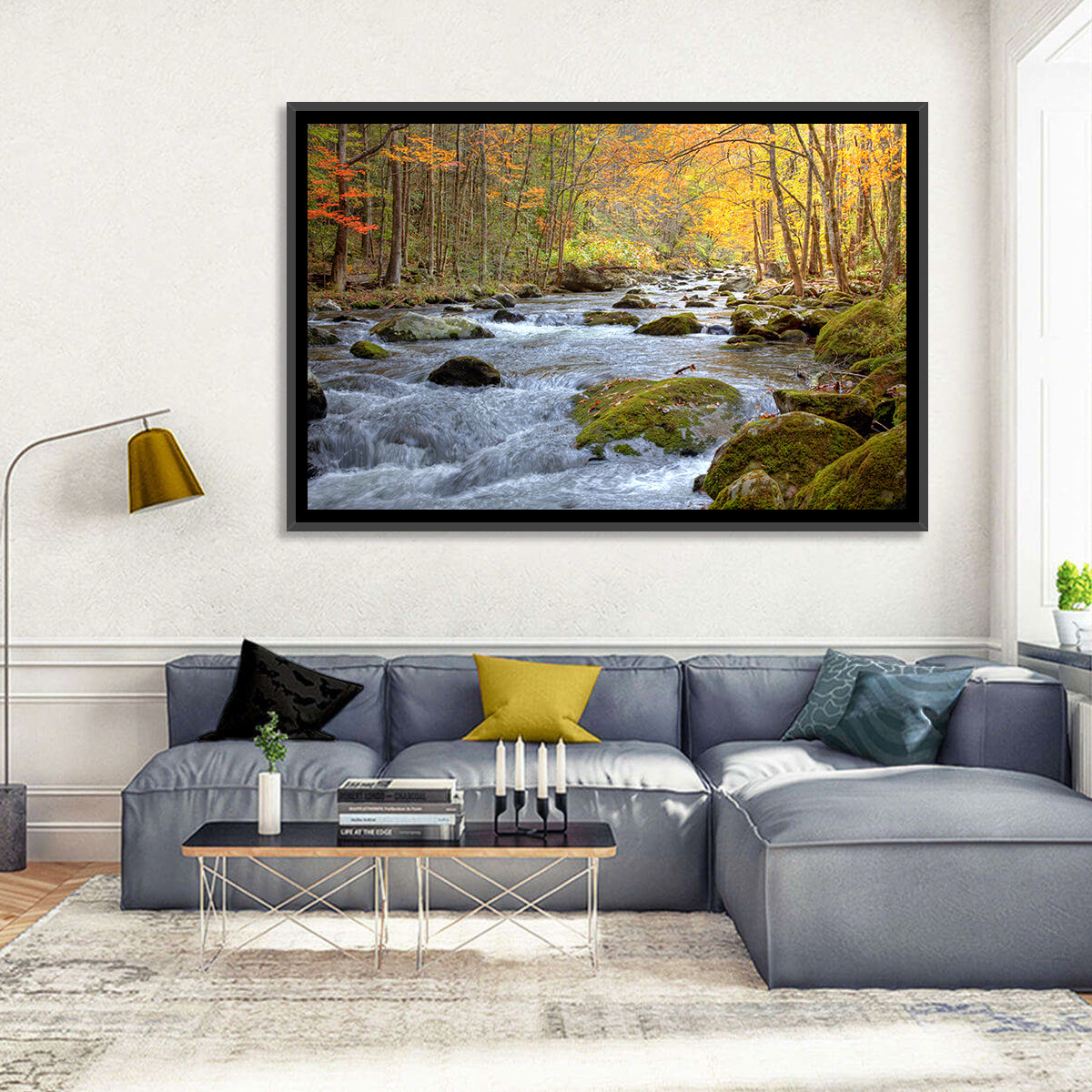 Autumn Mountain Stream Wall Art in a room, landscape