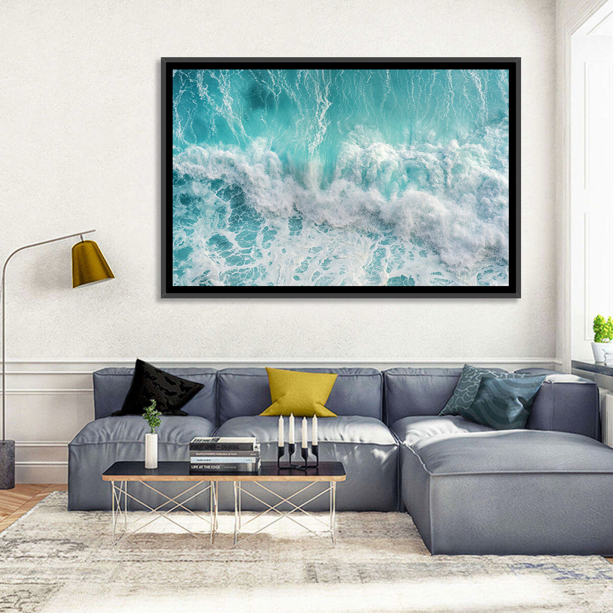 Top Down Turquoise Wave Wall Art in a room, landscape