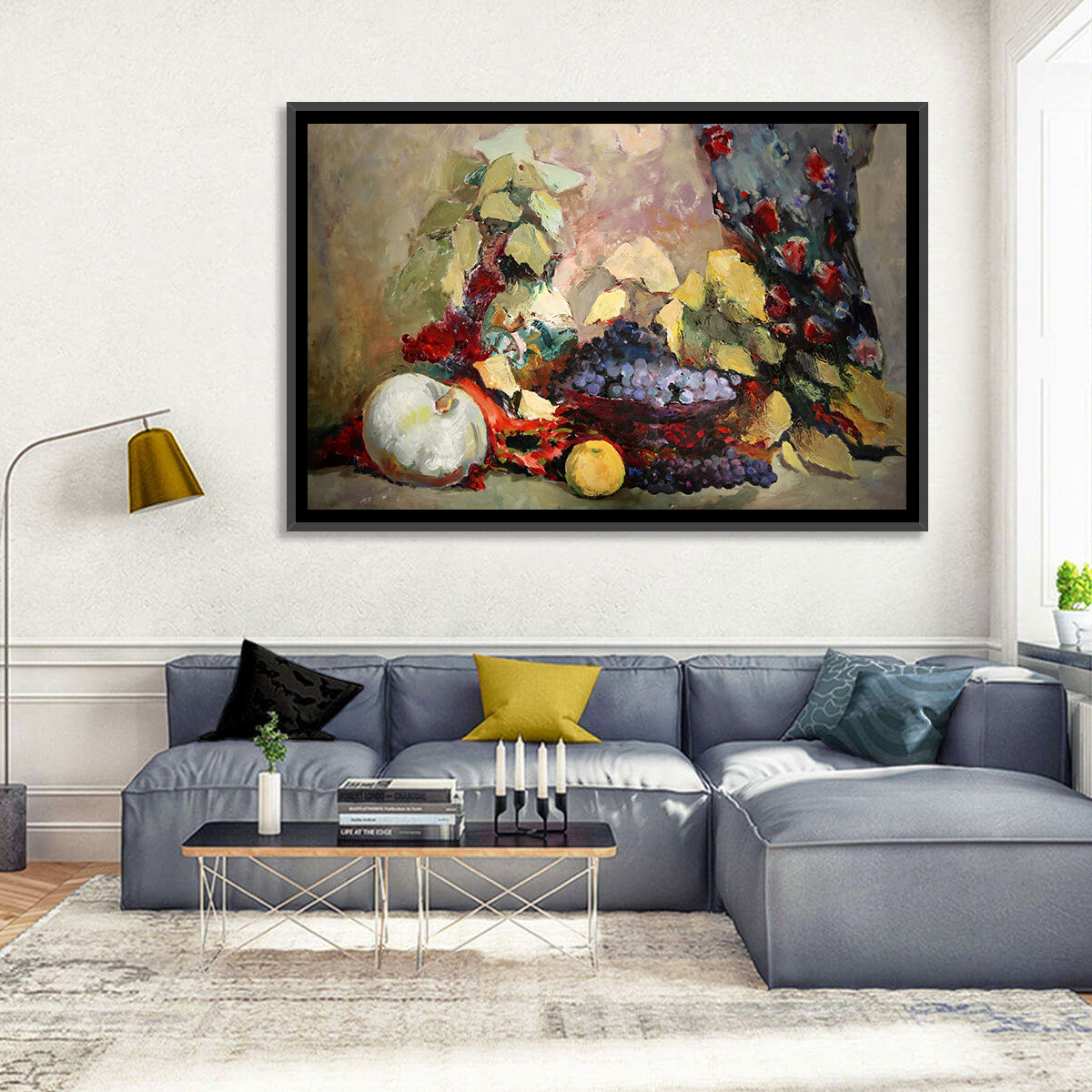 Grapes and Melon Still Life Wall Art in a room, landscape