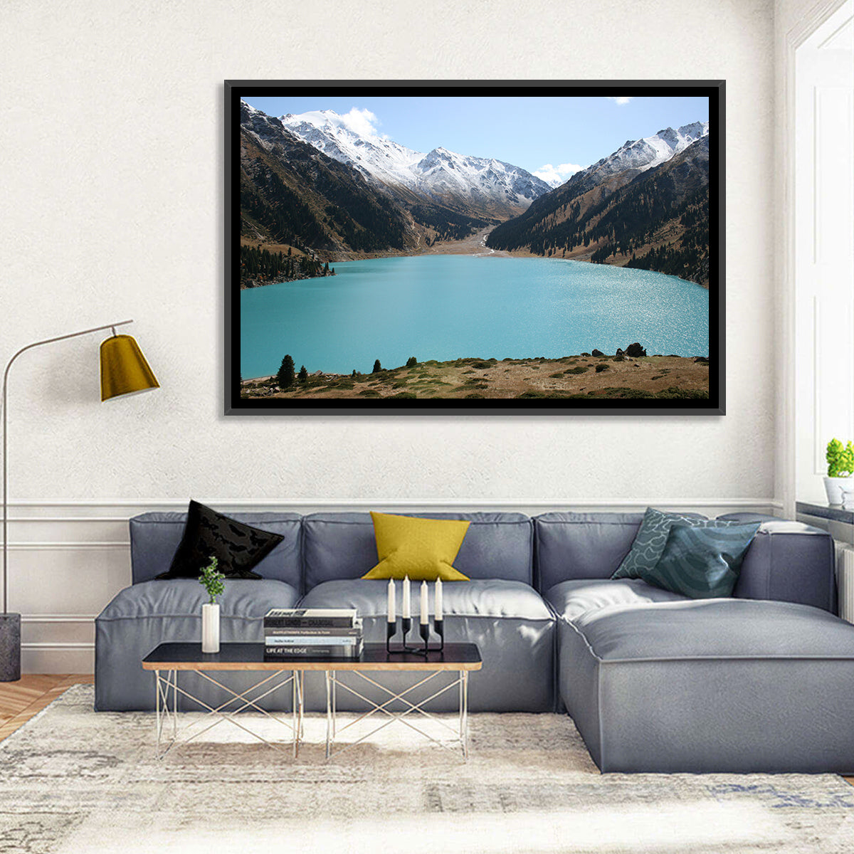 Big Almaty Lake Wall Art in a room, landscape