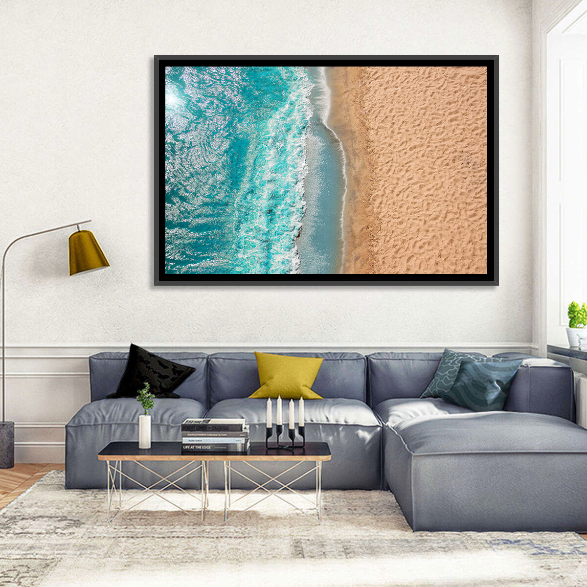 Turquoise Coastline Aerial Wall Art in a room, landscape