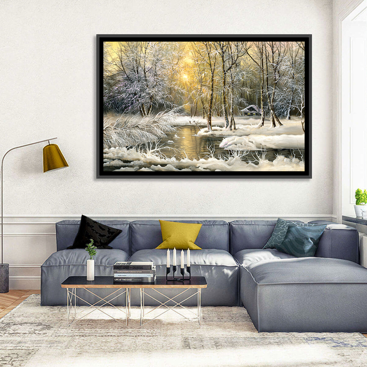 Sunlit Winter Cabin Wall Art in a room, landscape