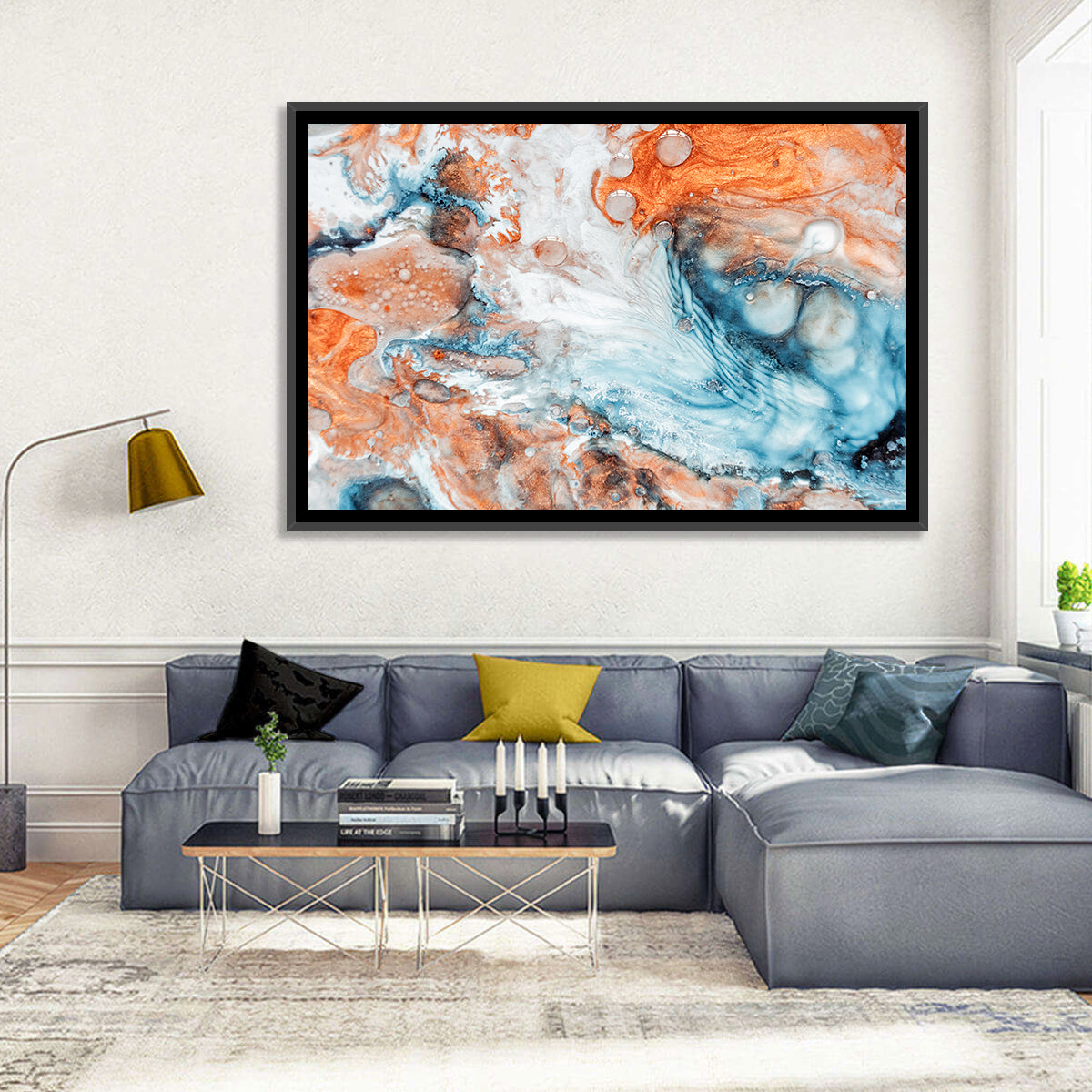 Copper Marble Fluid Abstract Wall Art in a room, landscape