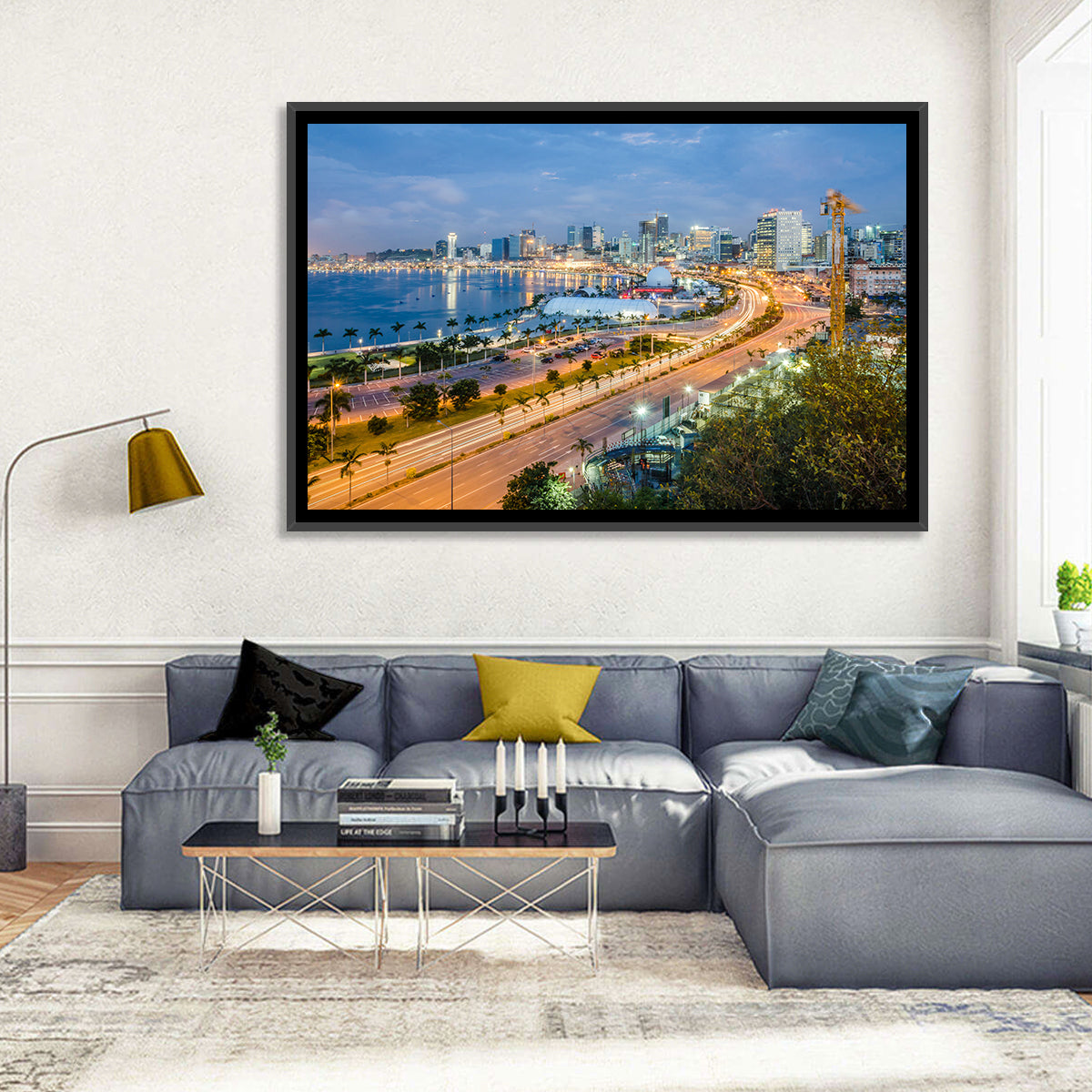 Luanda Bay Twilight Skyline Wall Art in a room, landscape