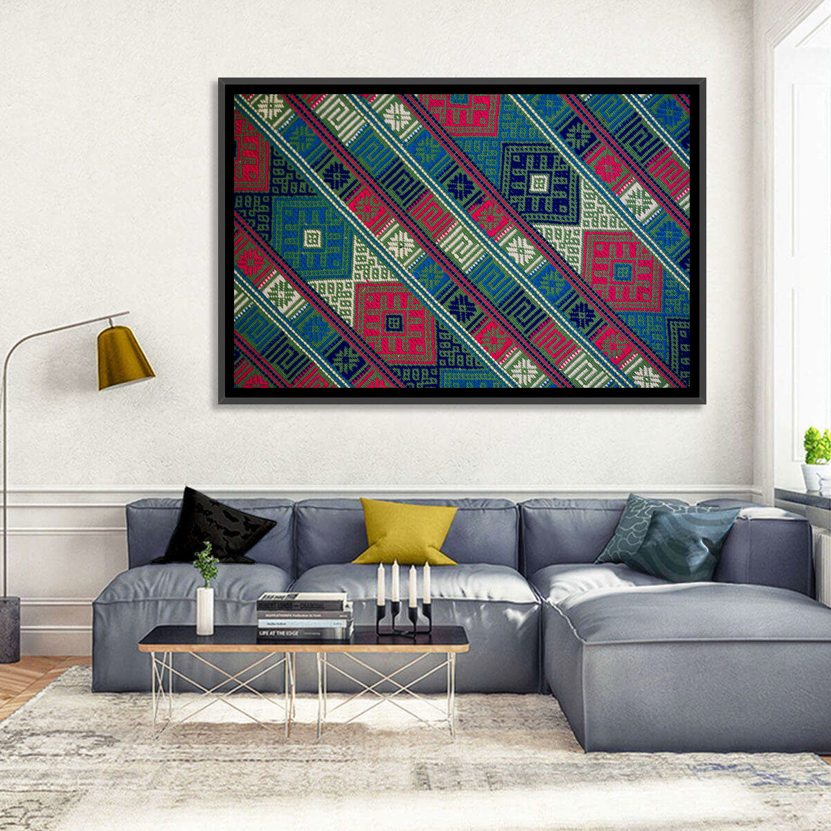 Handwoven Geometric Textile Wall Art in a room, landscape