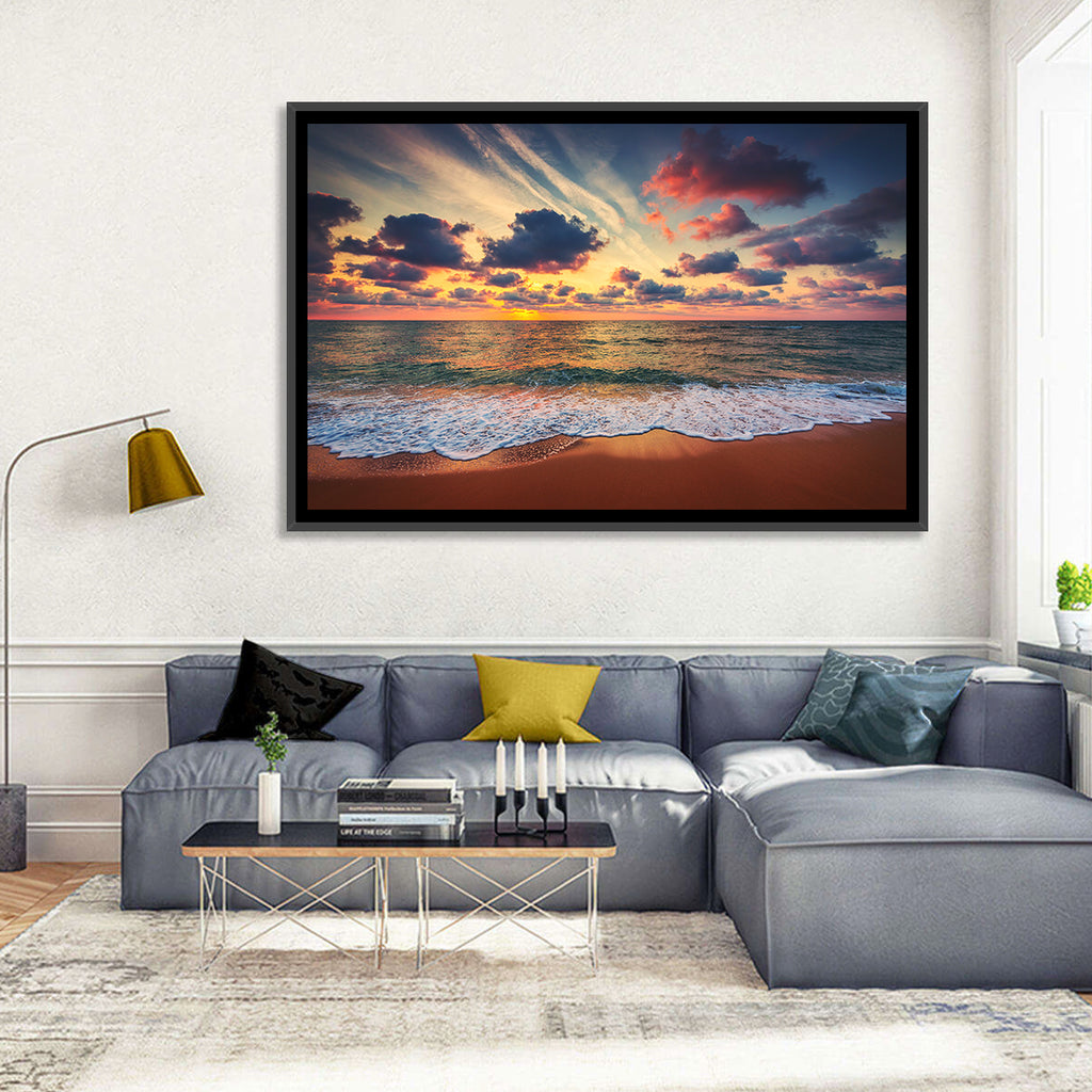 Golden Hour Beach Waves Under Cloudy Sky Wall Art