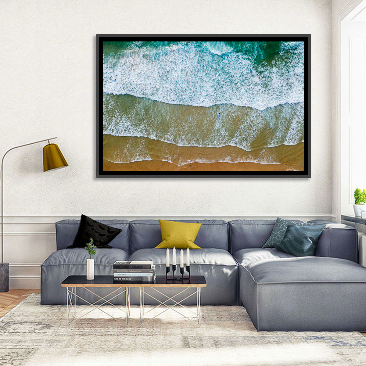 Aerial Teal Beach with Surfers Wall Art in a room, landscape