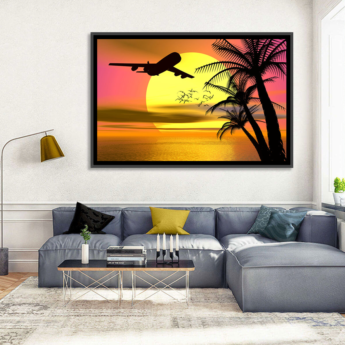 Wide-body Airplane Over Caribbean Dusk Wall Art in a room, landscape