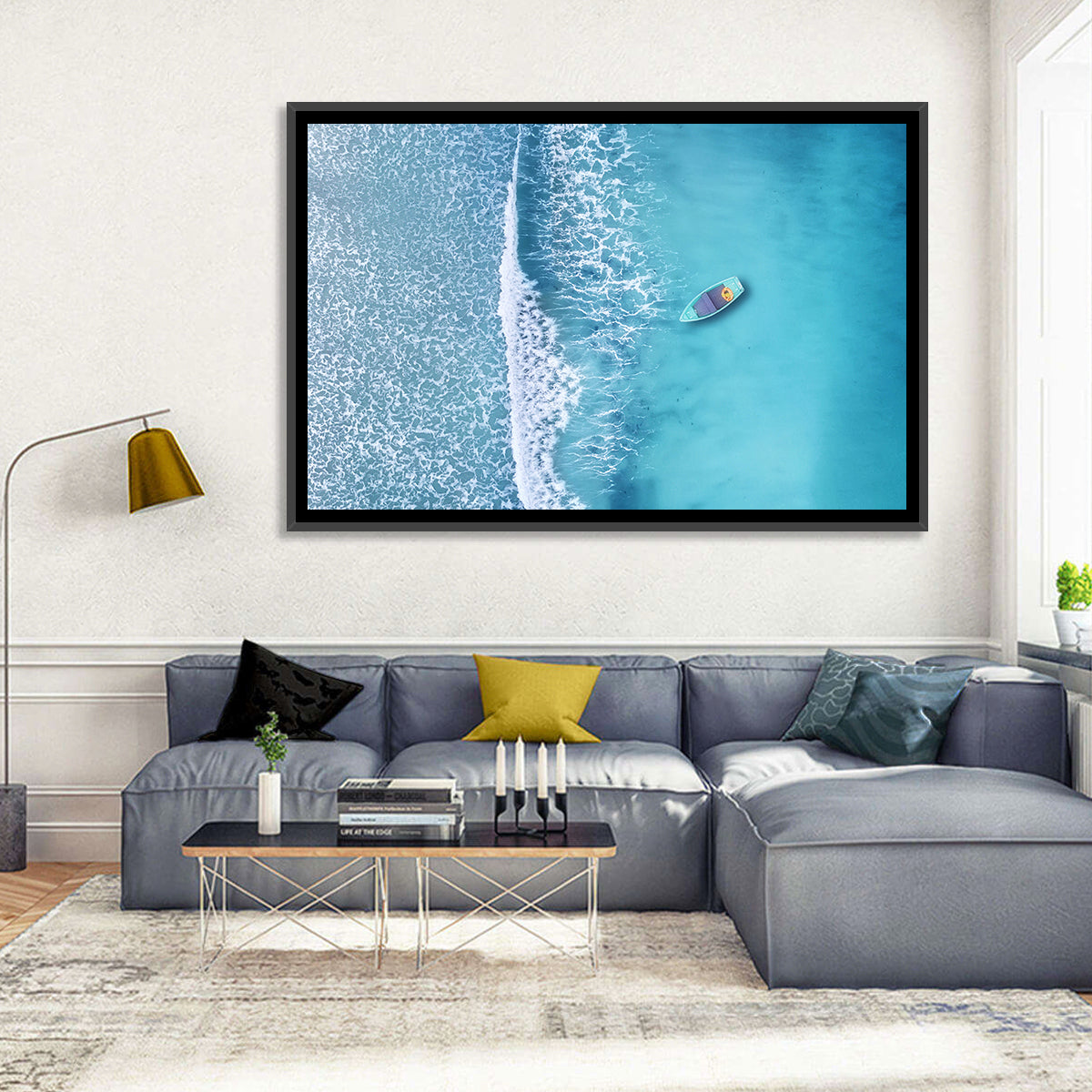 Lone Boat Over Turquoise Waves Wall Art in a room, landscape