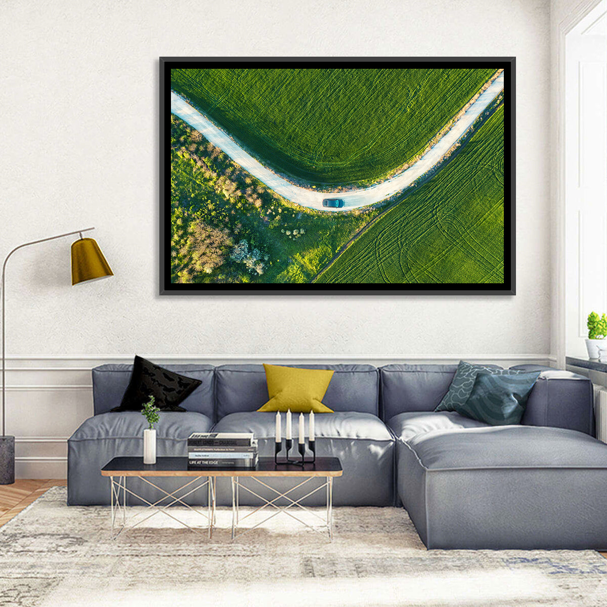 Aerial Farm Fields at Golden Hour Wall Art in a room, landscape