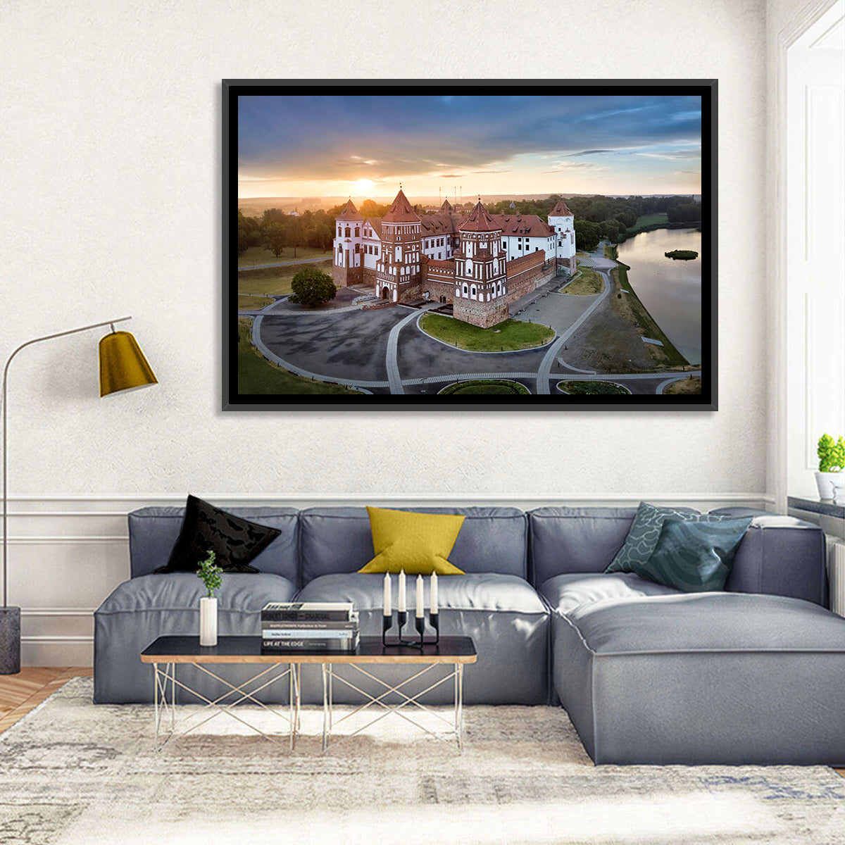 Mir Castle Sunrise Over Lake Wall Art in a room, landscape