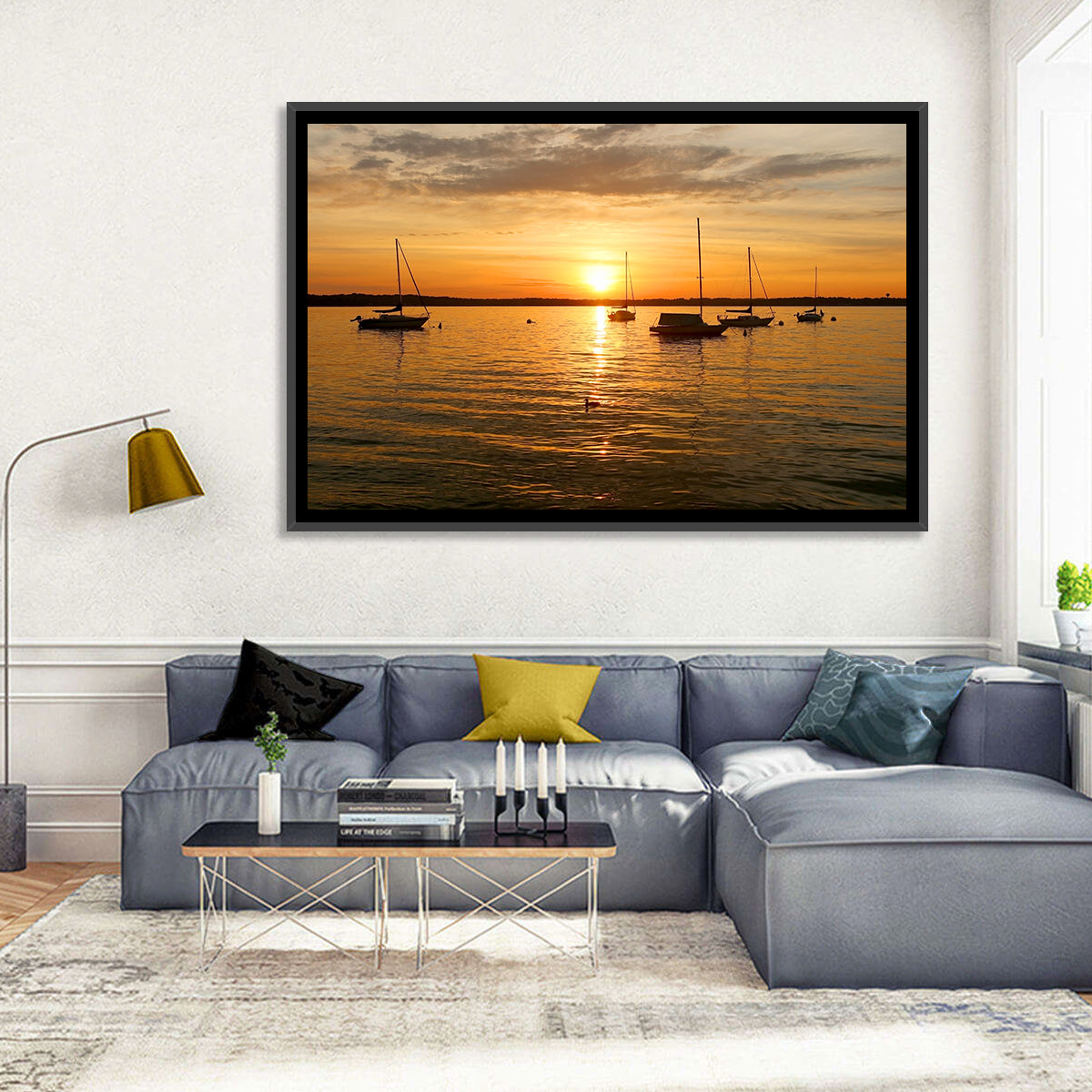 Lake Mendota Golden Sailboats Wall Art in a room, landscape