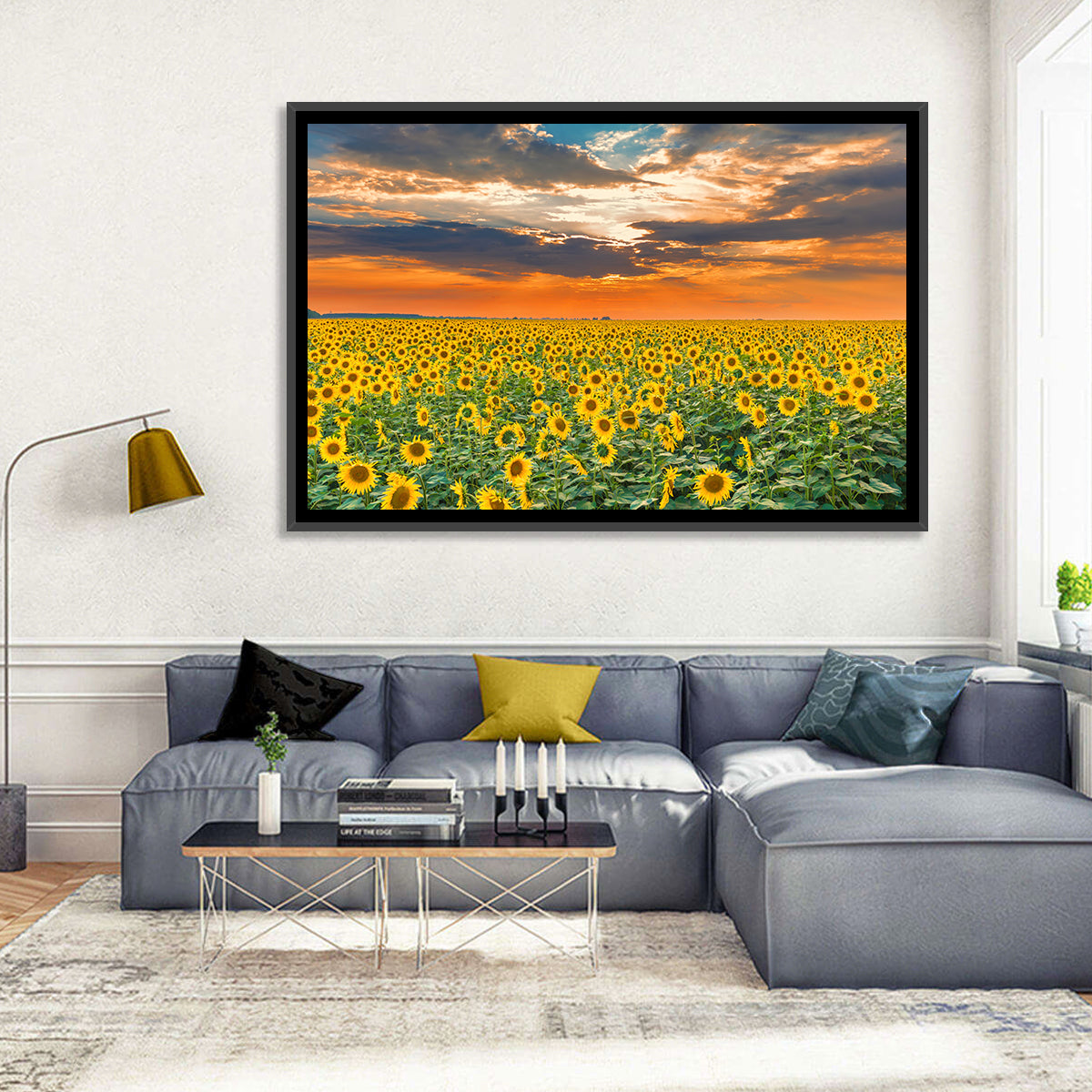 Golden Hour Sunflower Field Wall Art in a room, landscape