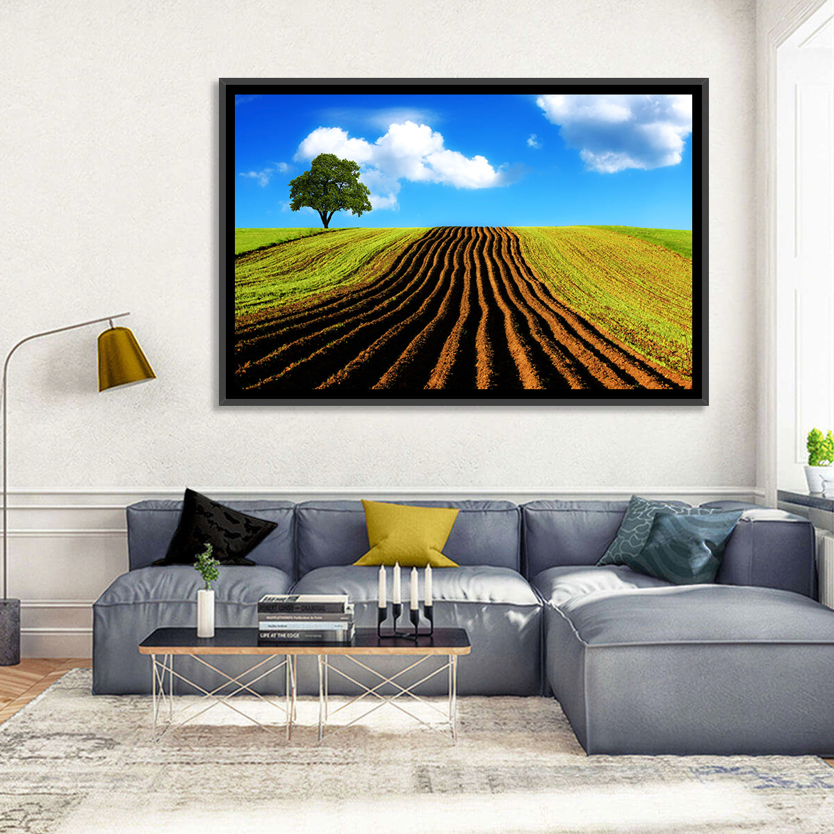 Plowed Field with Lone Tree Wall Art in a room, landscape