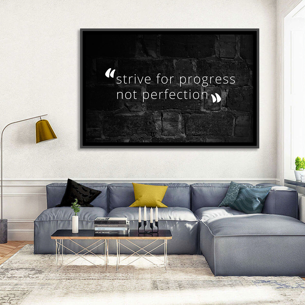 Strive for Progress Brick Typography Wall Art in a room, landscape