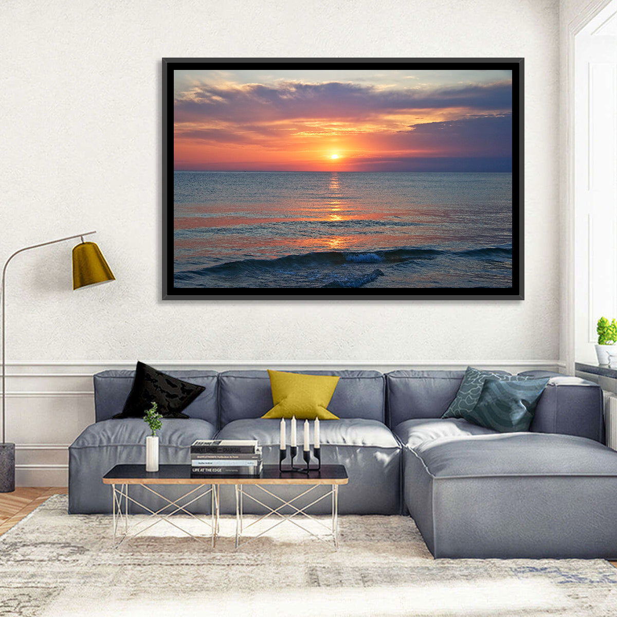 Lake Michigan Sunset Reflection Wall Art in a room, landscape