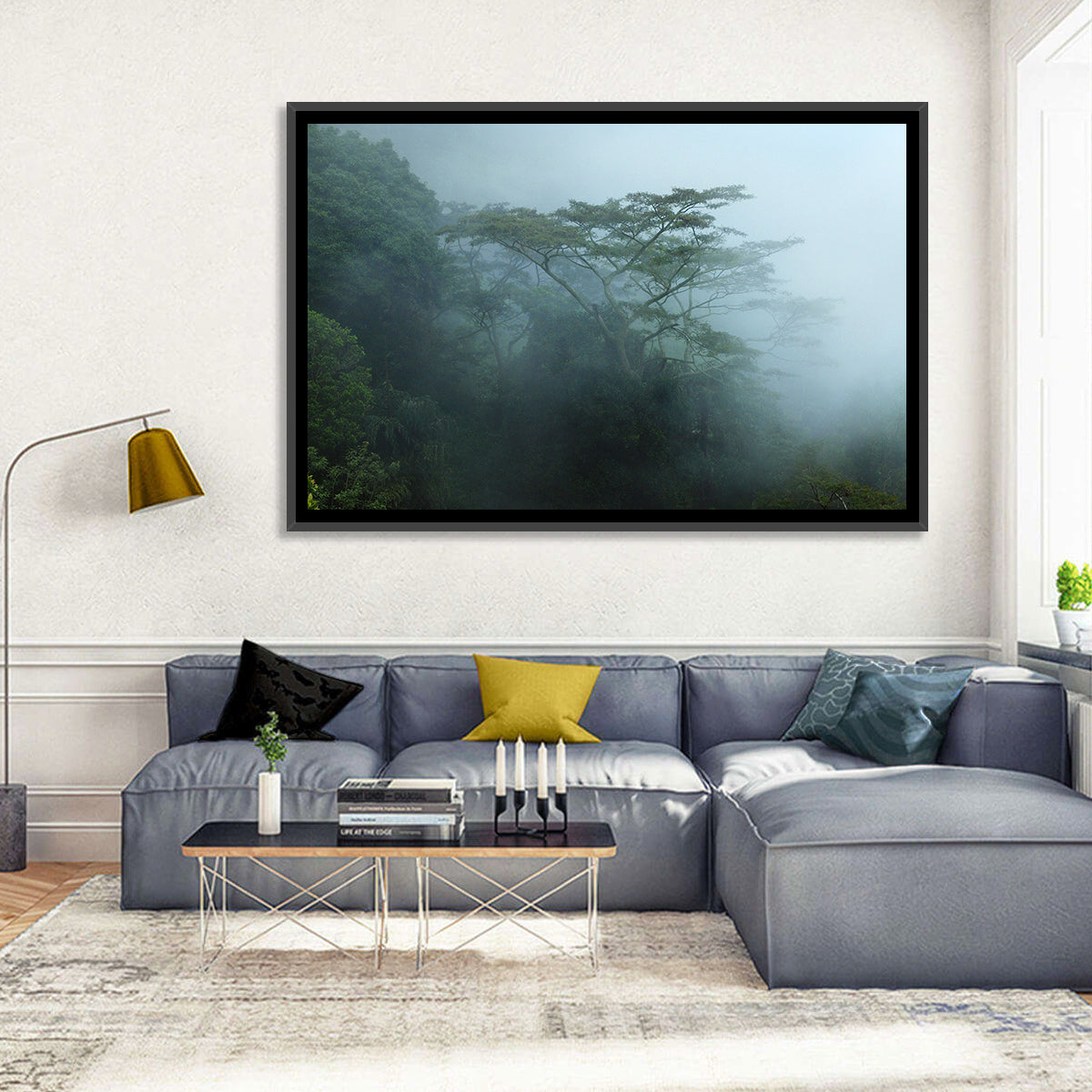 Misty Rainforest Canopy Wall Art in a room, landscape