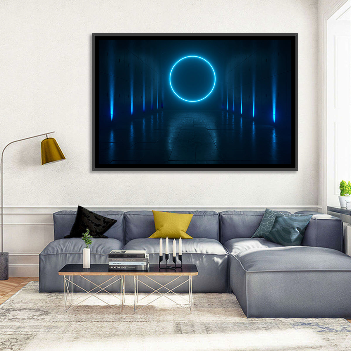 Glowing Neon Corridor Wall Art in a room, landscape