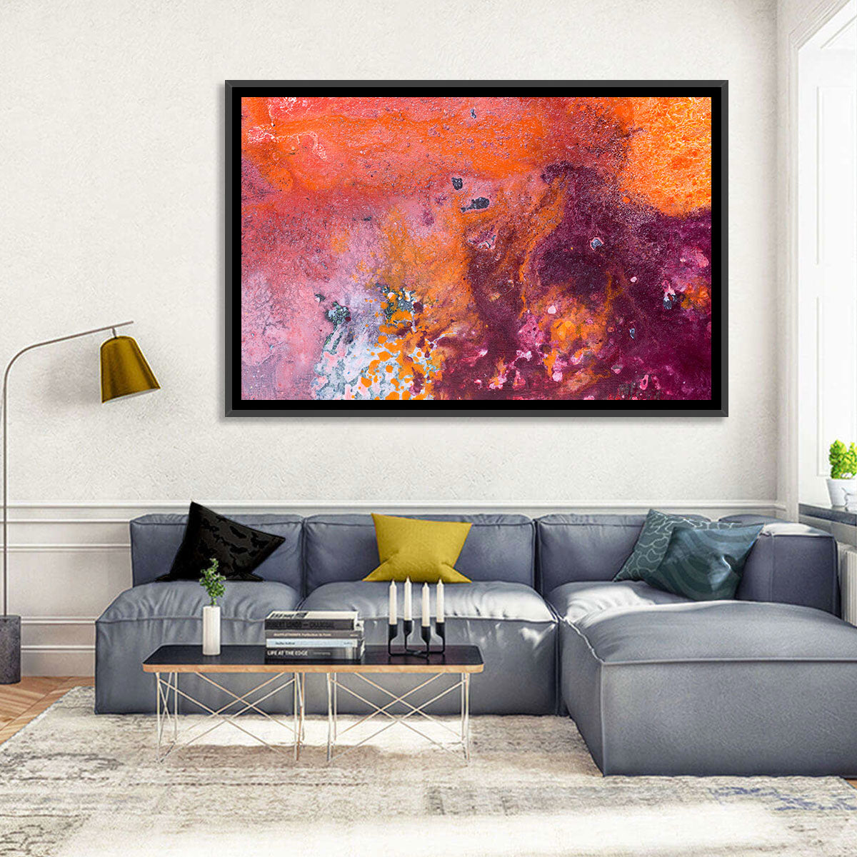 Magenta Orange Color Flow Wall Art in a room, landscape
