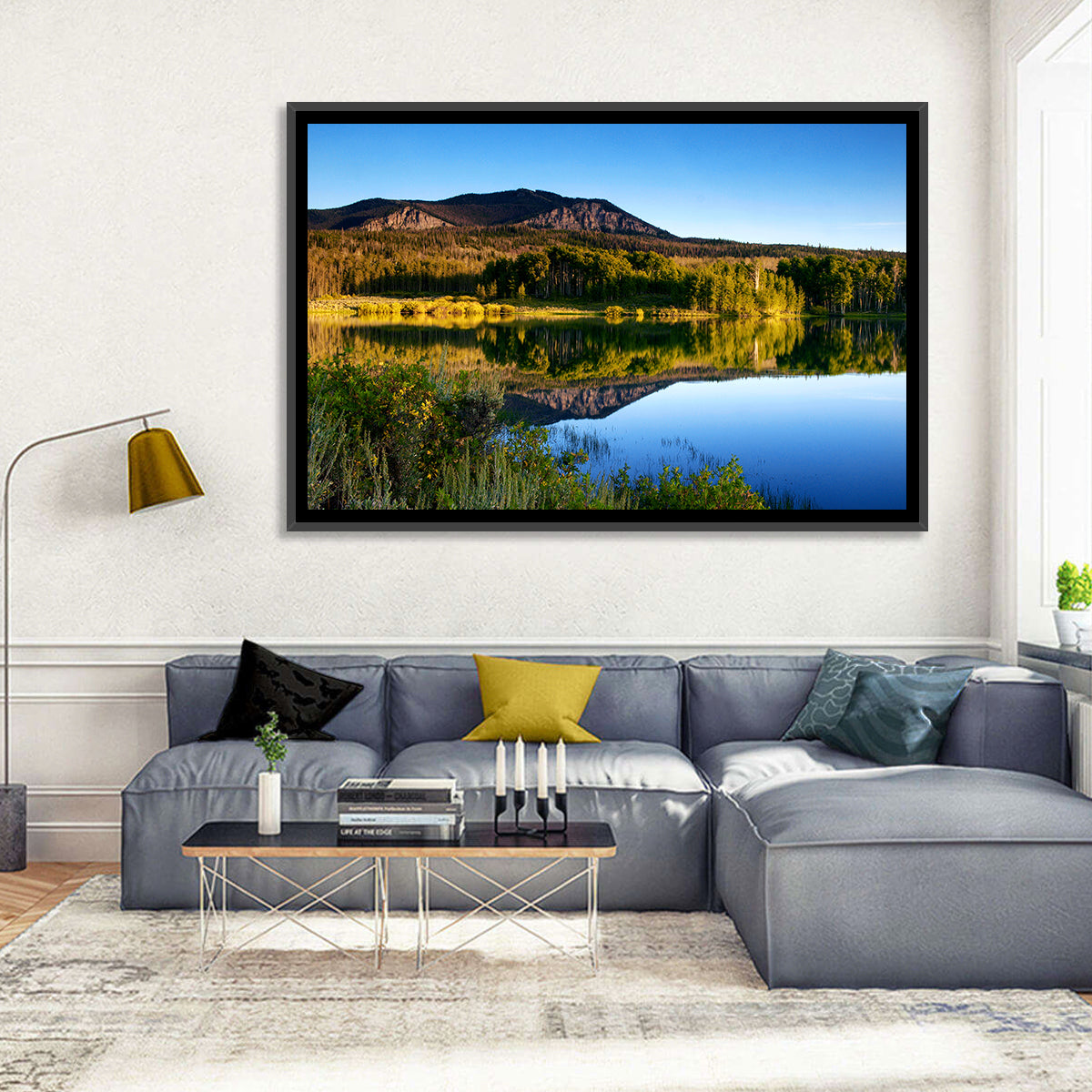 Golden Hour Mountain Lake Wall Art in a room, landscape