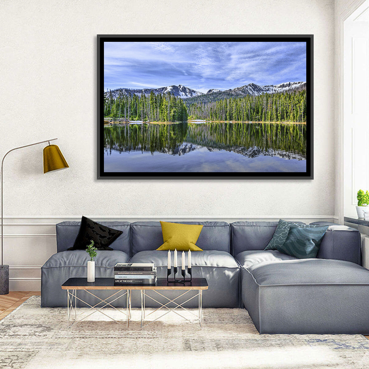 Lake Sylvan Reflection Wall Art in a room, landscape