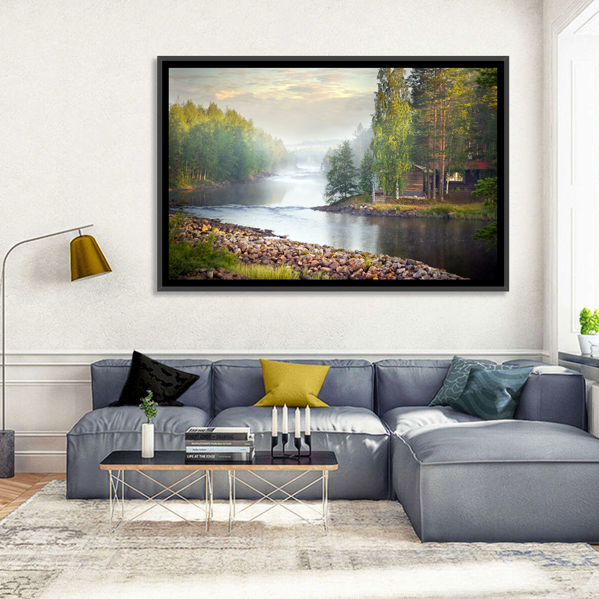 Misty River with Red Roof Cabin Wall Art in a room, landscape