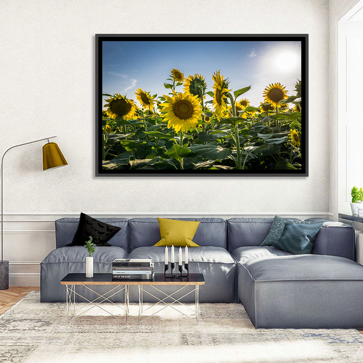 Backlit Sunflower Field Wall Art in a room, landscape