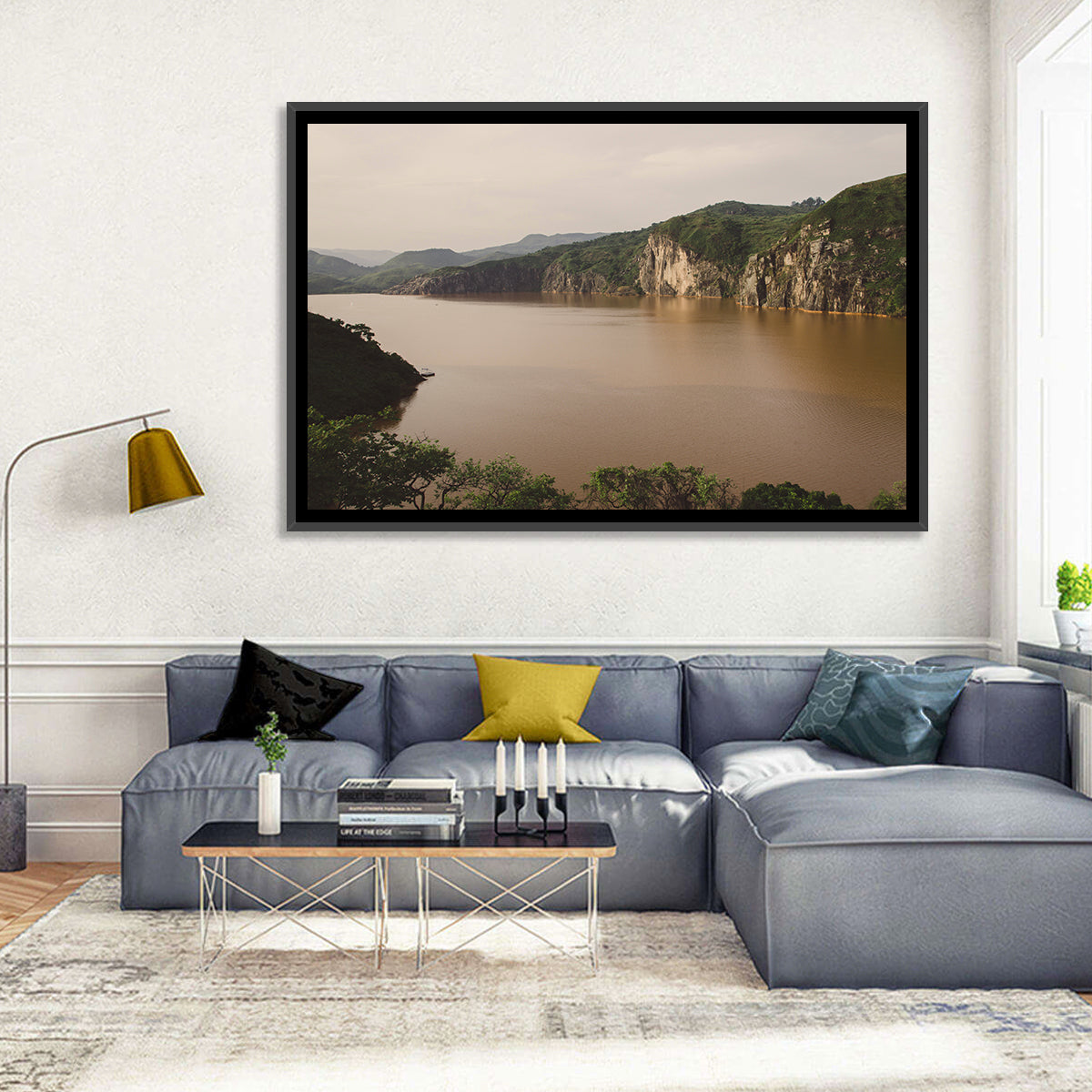 Lake Nyos Cliff View Wall Art in a room, landscape