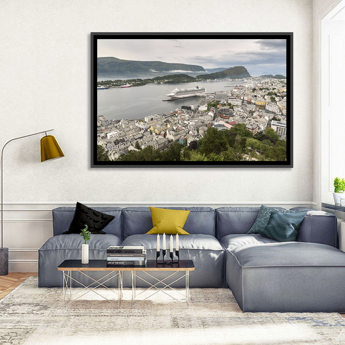 Alesund Harbor Cityscape Wall Art in a room, landscape
