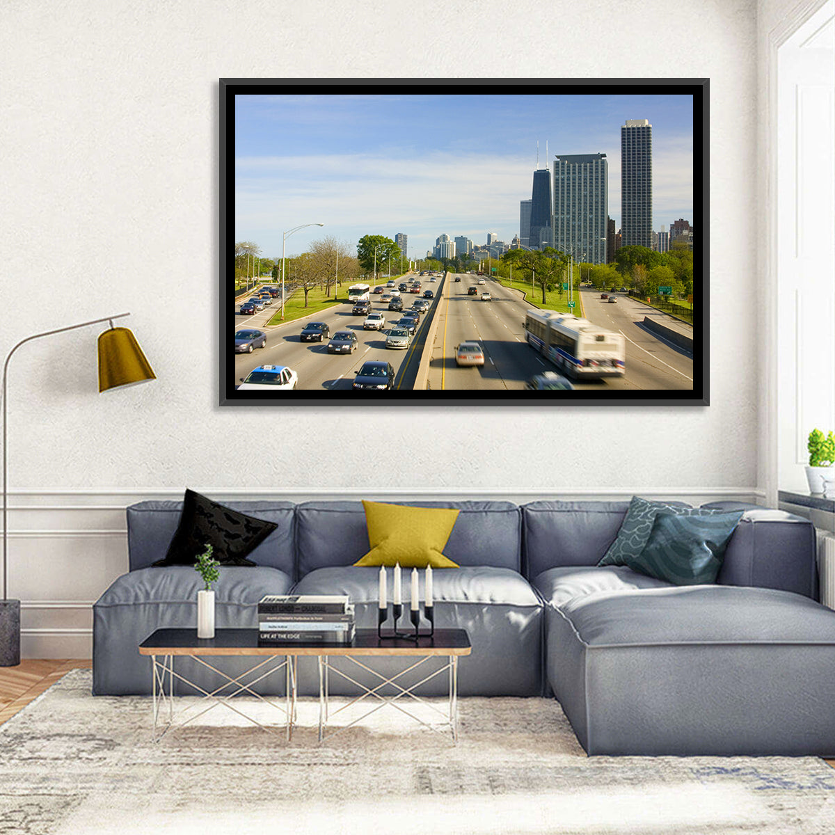 Chicago Expressway Toward Downtown Skyline Wall Art in a room, landscape