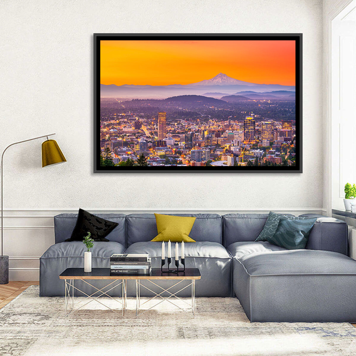 Mount Hood Over Portland Skyline Wall Art in a room, landscape