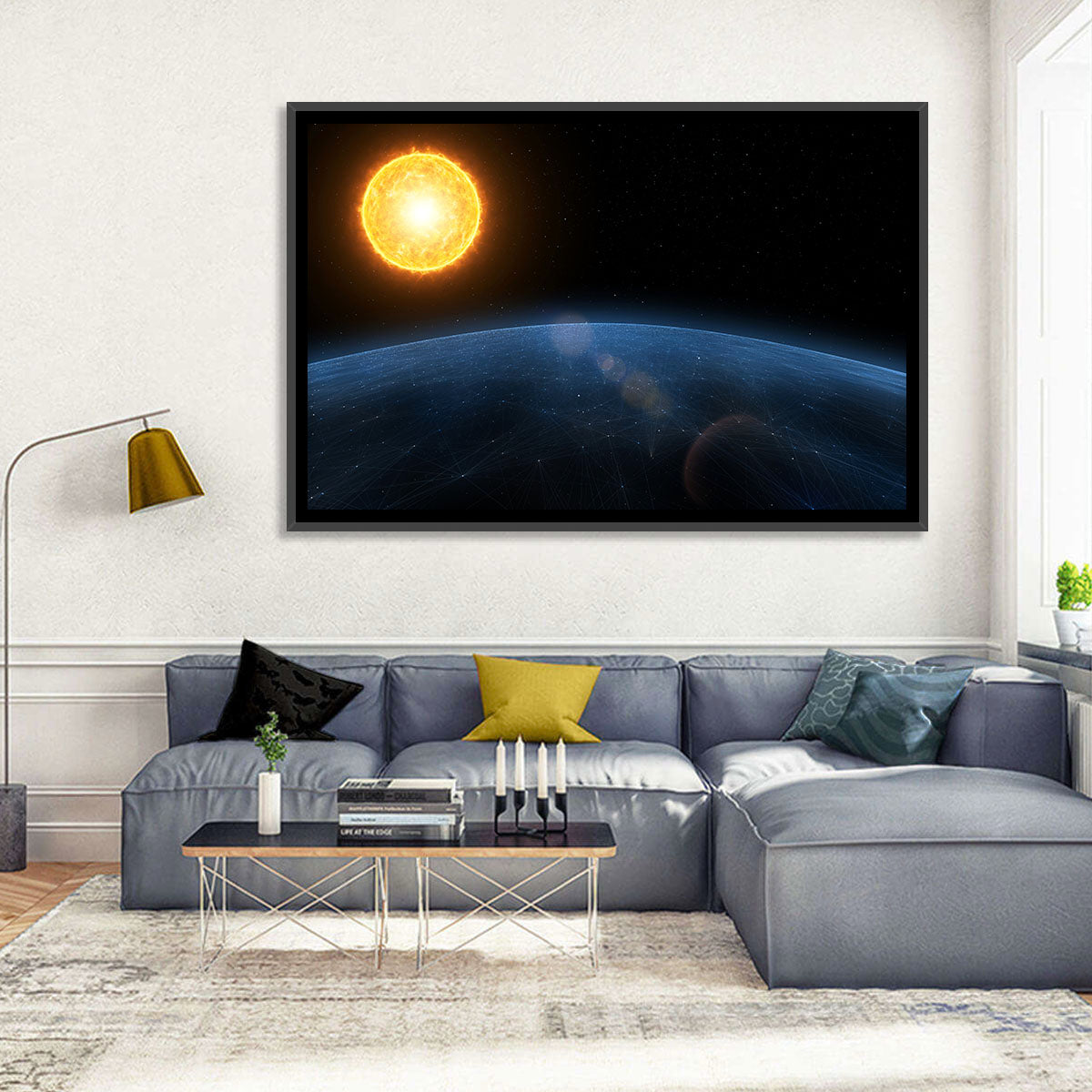 Alien Planet and Sun Wall Art in a room, landscape