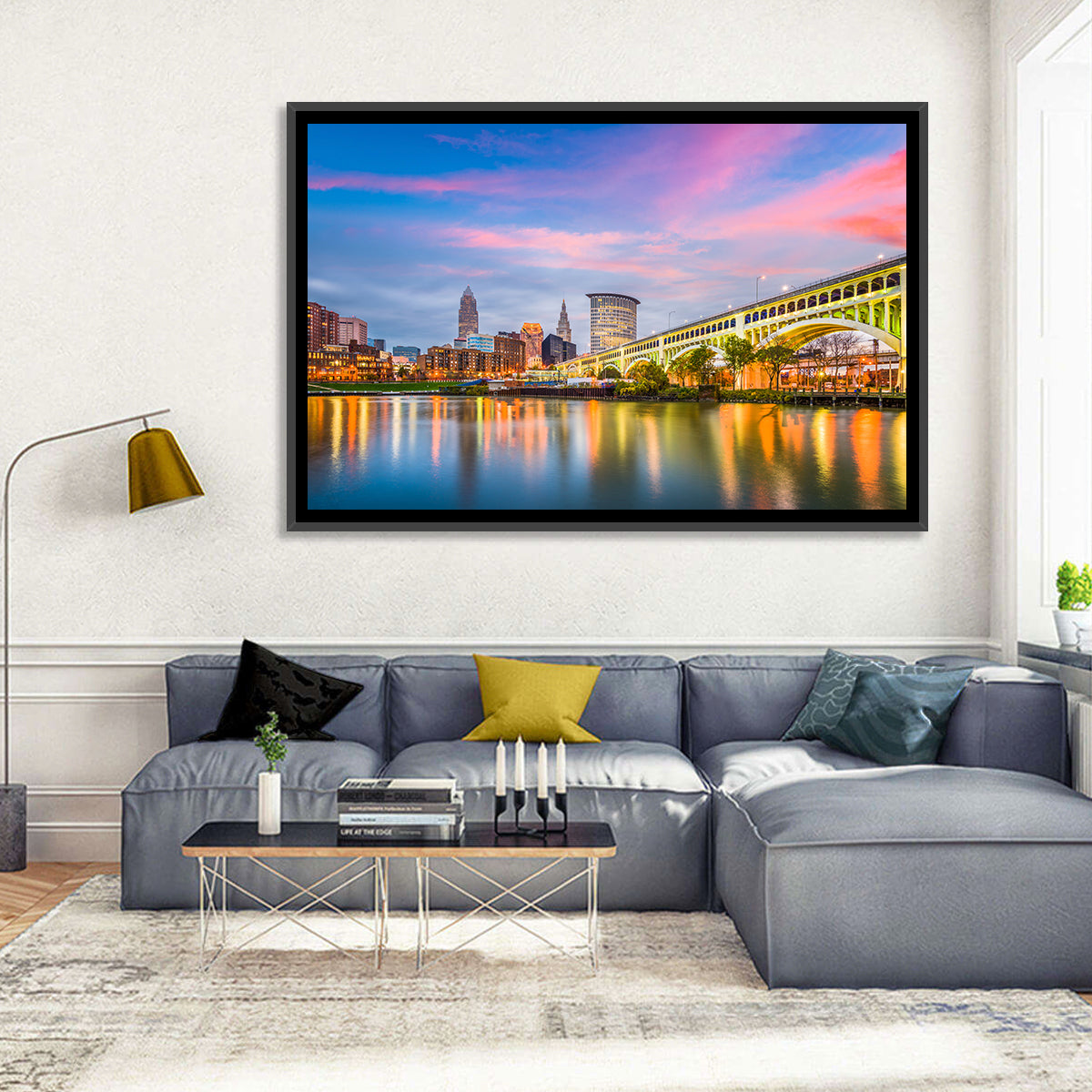 Cleveland Skyline at Dusk Wall Art in a room, landscape