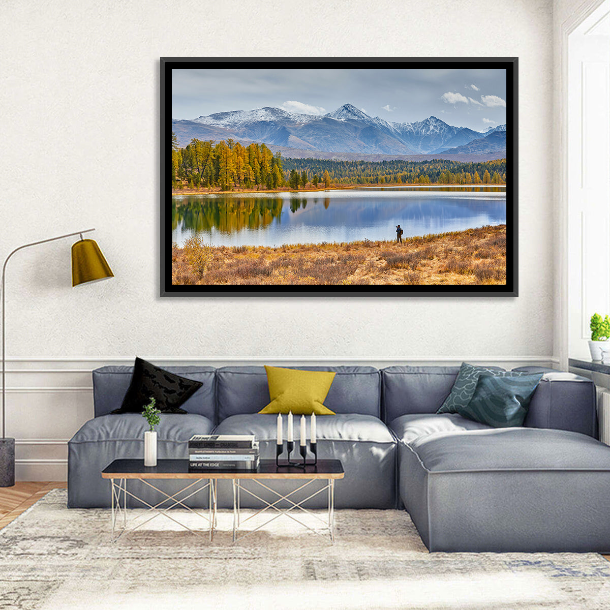Autumn Mountain Lake Reflection Wall Art in a room, landscape