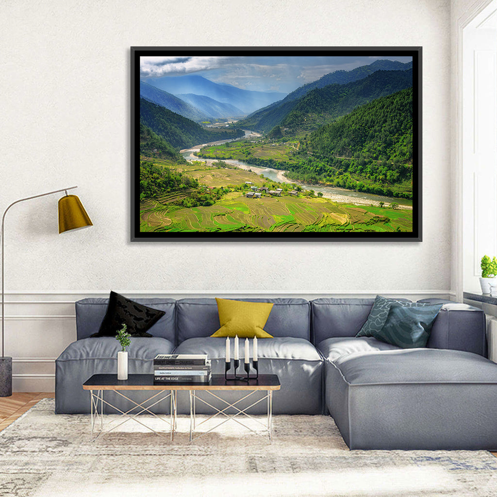 Punakha River Valley with Terraced Rice Fields Wall Art