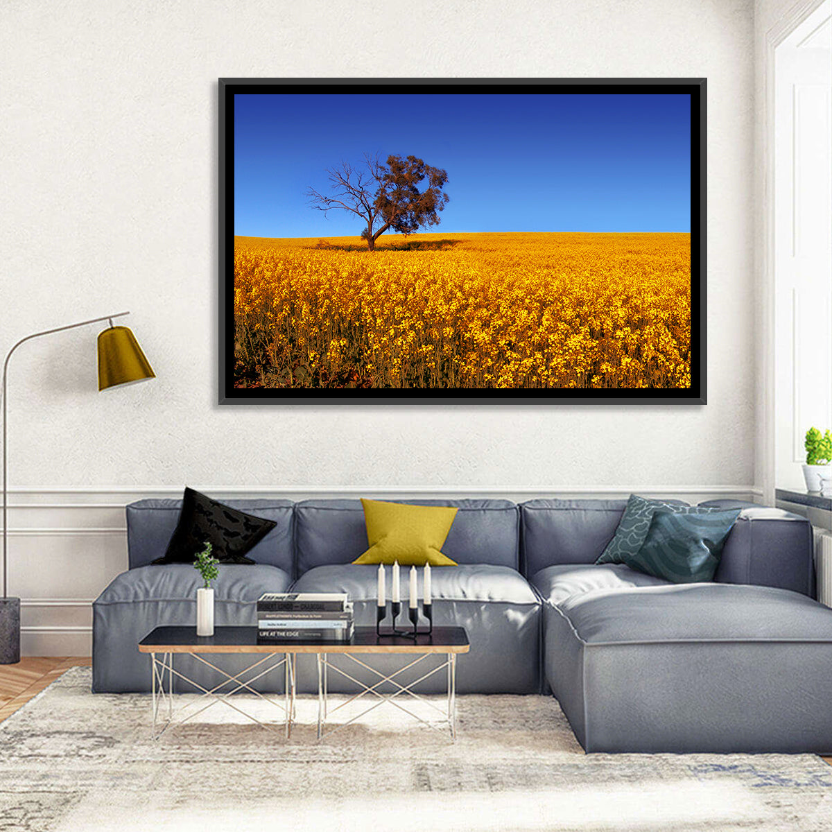 Canola Field with Lone Tree Wall Art in a room, landscape