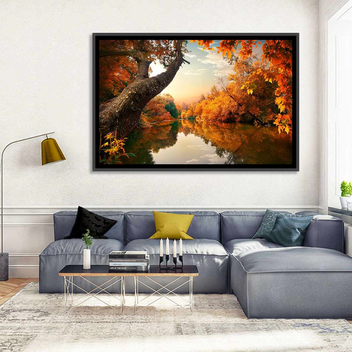 Golden Autumn River Reflections Wall Art in a room, landscape