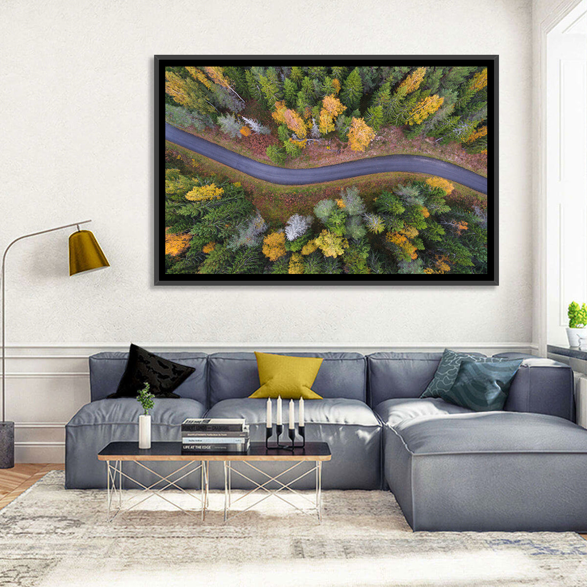 Aerial Autumn Forest Road Wall Art in a room, landscape