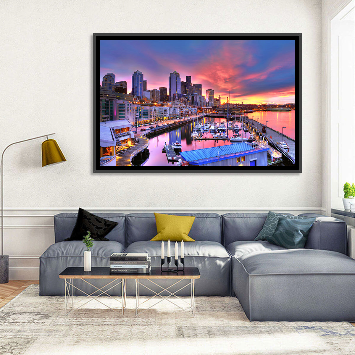 Seattle Skyline at Sunset Wall Art in a room, landscape
