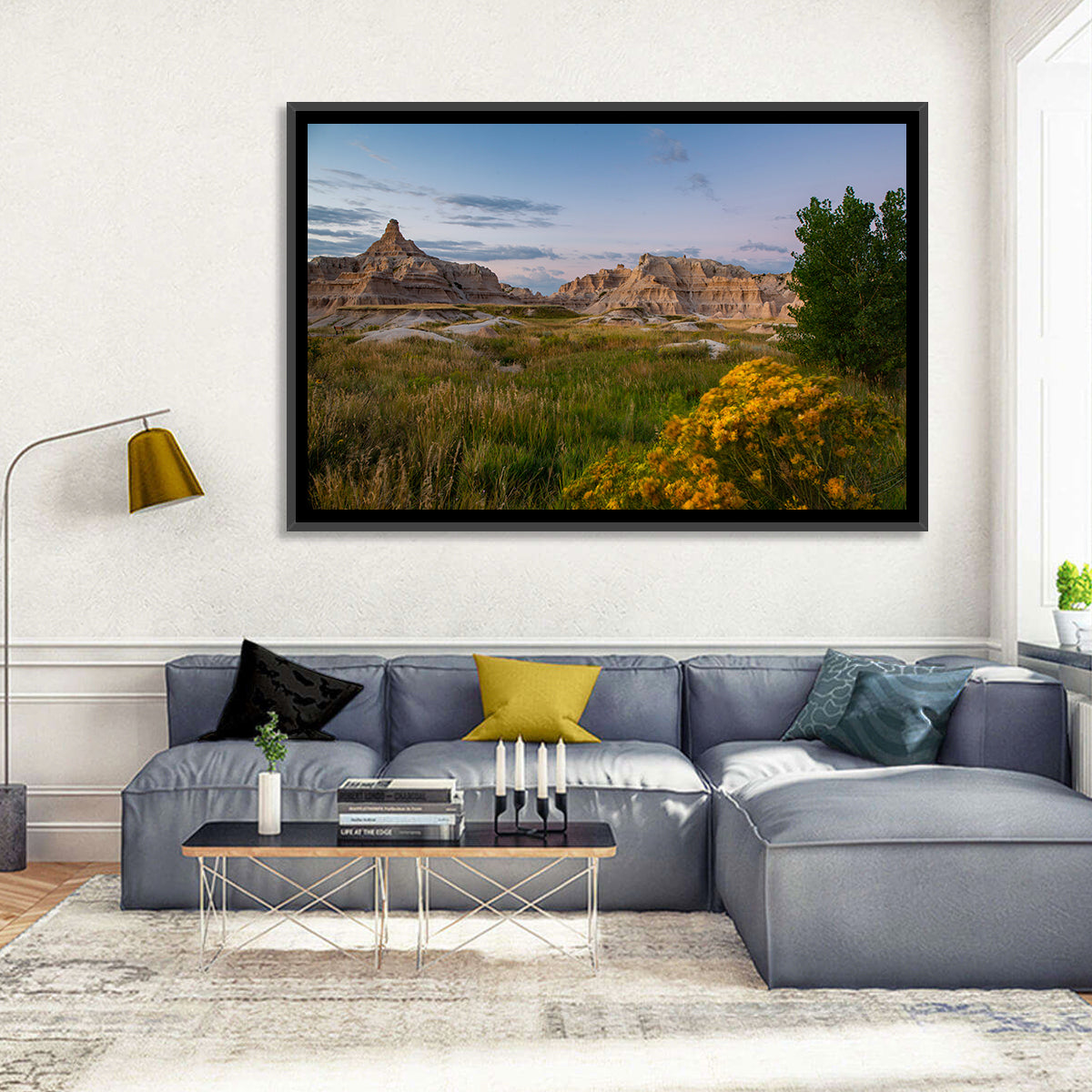 Badlands Golden Hour Meadow Wall Art in a room, landscape