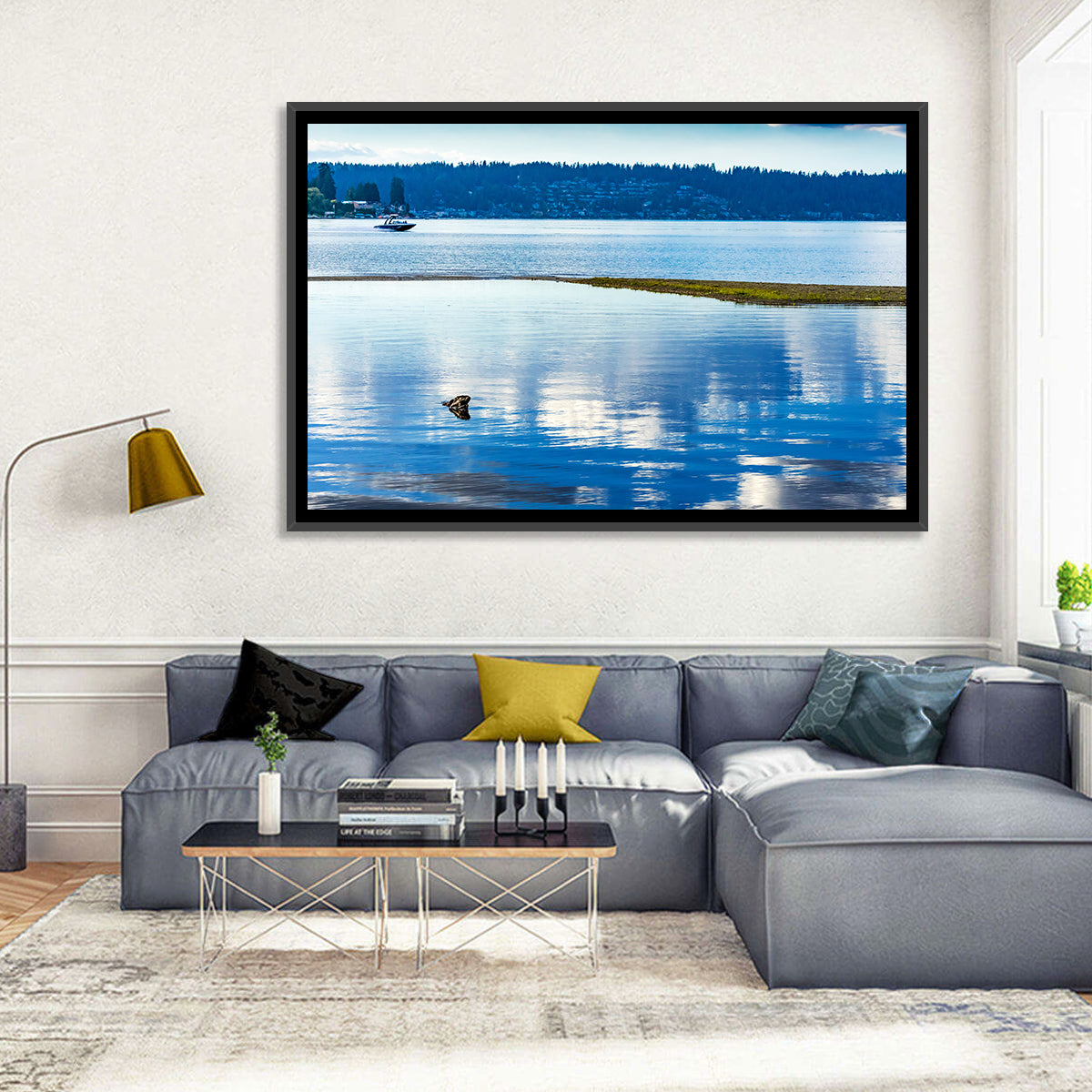 Lake Sammamish Reflection Wall Art in a room, landscape