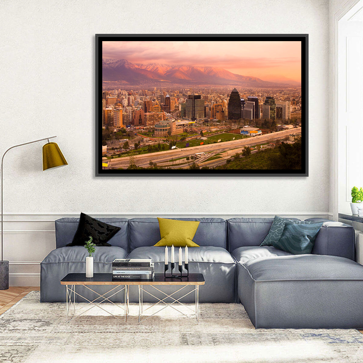 Santiago Skyline at Sunset Wall Art in a room, landscape