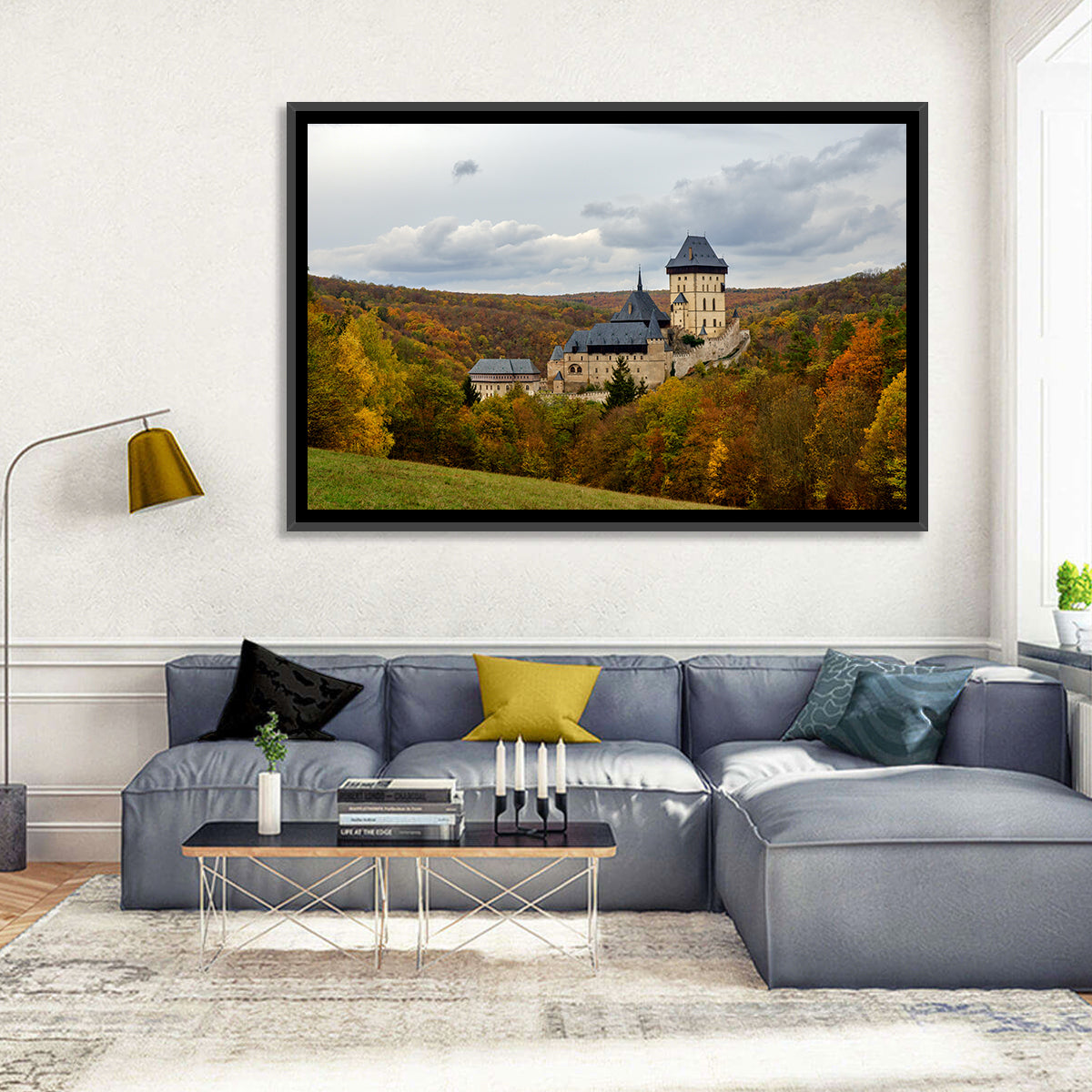 Karlštejn Castle in Autumn Forest Wall Art in a room, landscape