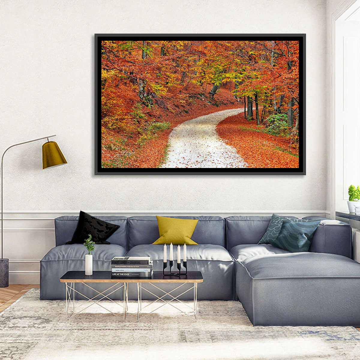 Misty Gravel Path Through Autumn Trees Wall Art in a room, landscape