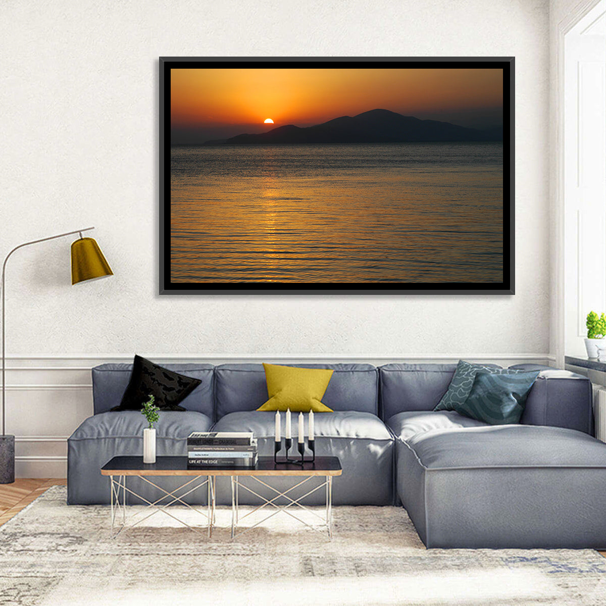 Lake Sevan Sunset Reflection Wall Art in a room, landscape